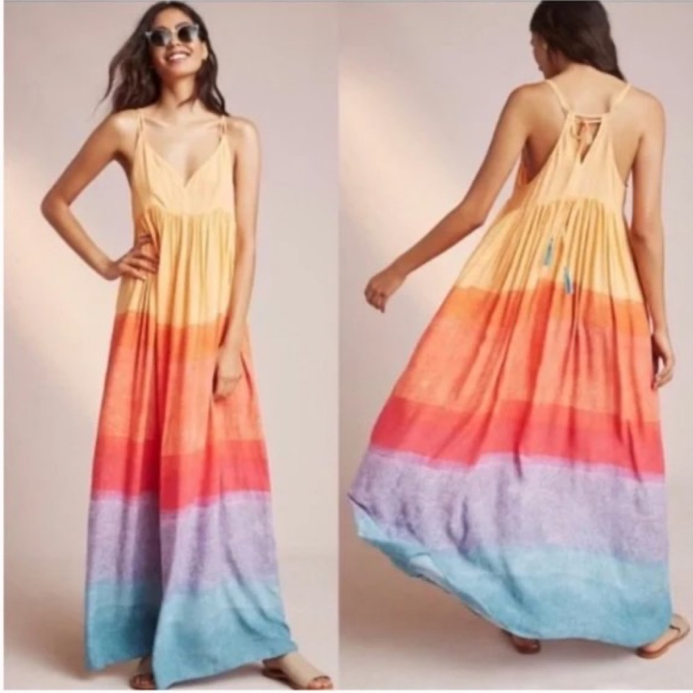 Anthropologie Carla Weeks Setting Sun rainbow sunset tiered maxi dress, 6P. - Picture 4 of 10